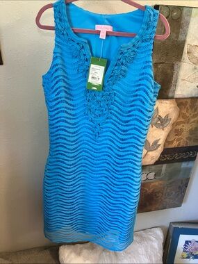 Lilly Pulitzer Ariel Blue Crochet Overlay Dress Cute Sexy! New!